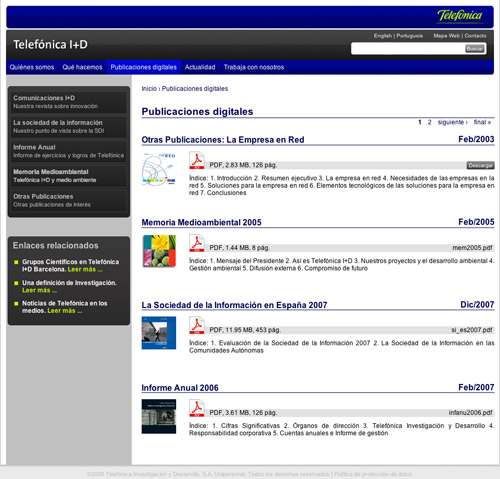 mock-up of final digital reports page at Telefónica I+D's website, based on hand-drawn wireframe