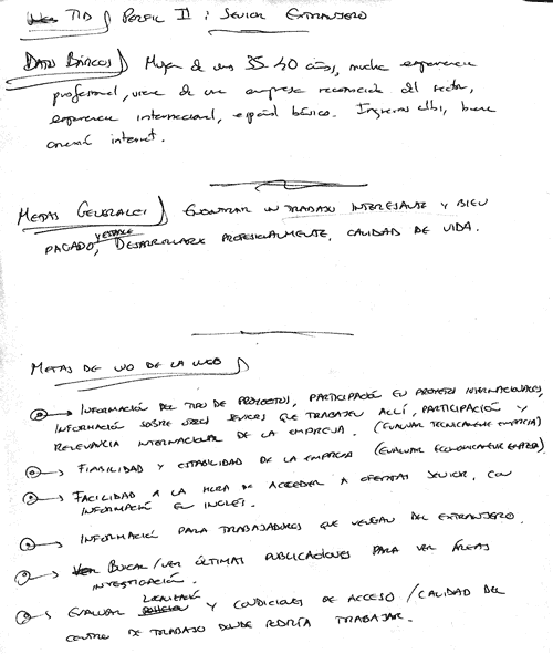 scan of a hand-written user profile, describing a general kind of user, its general goals and its goals regarding the Telefónica I+D corporate web